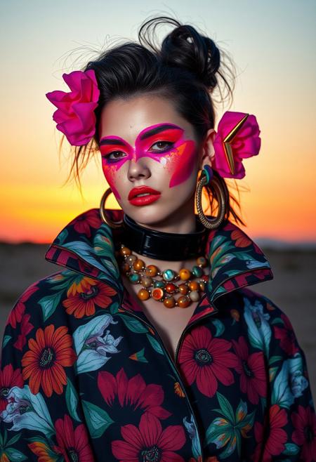 avant-garde fashion model, abstract floral patterns, bold geometric shapes, vibrant neon makeup, experimental fabrics, surreal colors, futuristic accessories, (high fashion:1.4), sunset background, artistic streetwear, exaggerated proportions, dramatic lighting, eclectic jewelry, (conceptual fashion:1.5), avant-garde hairstyle, unconventional textures, mixed media, artistic expression, (8k ultra-detailed), bold contrast, contemporary, futuristic, cutting edge