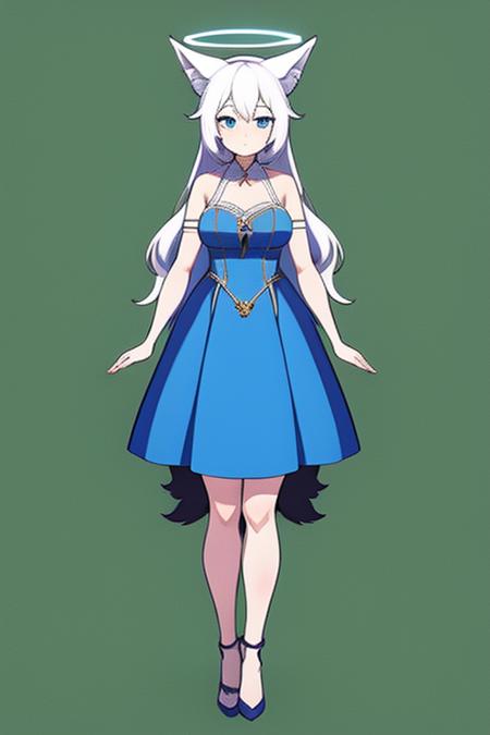 halo, animal ears, 1girl, long hair, animal ear fluff, white hair, looking at viewer, solo, hair ornament, blue eyes, twintails, fox ears, tail, large breasts, hair between eyes, blush, fox tail, fox girl, smile, bare shoulders, closed mouth, extra ears, dress, cleavage, gloves, shirt, standing, very long hair, thighs, navel, collarbone, indoors, food-themed hair ornament, full body, medium breasts, simple background, necktie, sleeveless, hair bobbles, fruit, upper body, food, white gloves, midriff, long sleeves, grin, thighhighs, crop top, open mouth,