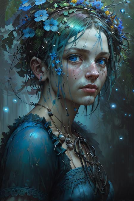 by Jeremy Mann, photorealistic, (((male))), (colorful), Post-Production, Intricate, <lora:ghibliStyleConcept_v40:0.6>, (radiosity), blue eyes, (highest quality), a hyperrealistic colossal cyan raintree, gloomy, enjoyment, a wreath on his head, a closeup portrait of a playful maid, fireflies, 
