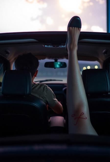 view of front of car at drive-in movie, screen lighting through the windshield dimly the front seat, where a 18yo couple have their heads leaning together, his arm around her shoulders, and  lighting the back seat where a woman's widespread bare legs are sticking up in the air, shoe hanging from one foot. pov: movie screen facing car. 
, very detailed, detailed eyes,  high detailed texture, realistic, photorealistic, perfect eyes, real life realistic,  detailed background,
