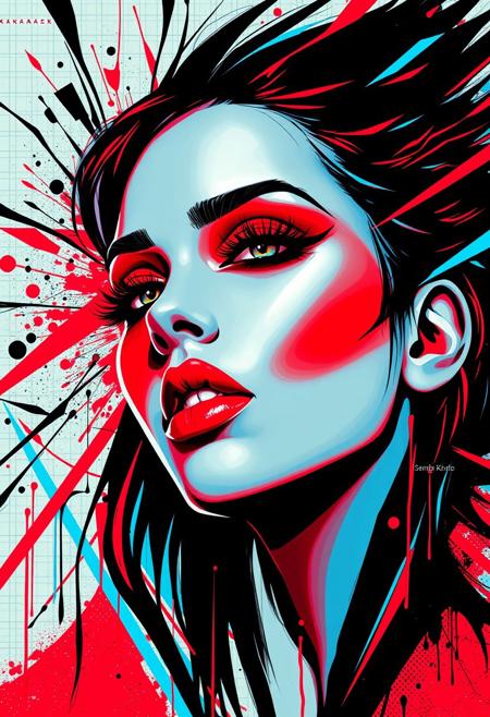 This is a highly stylized digital artwork of a woman's face. The piece uses vibrant colors, primarily reds and blues, with black accents to create a striking contrast. The makeup, especially the eyeshadow and lipstick, are bold and exaggerated, contributing to a dramatic effect.
The background features abstract lines and shapes that give an impression of movement or disarray. This chaotic backdrop contrasts sharply with the woman's serene expression. The image has a modern, almost cyberpunk aesthetic due to its use of sharp angles, neon-like hues, and digital effects such as grid patterns and drips.
Overall, the composition conveys intensity and emotion through its dynamic visual elements.