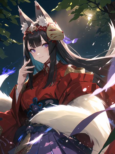 masterpiece,best quality,highres,cinematic lighting,dramatic angle,1girl,animal ears,hair ornament,<lora:ShadowverseGinsetsuV3-1-000013:0.8:lbw=1,0.8,0.1,1,1,0.2,0.2,1,1,1,1,1,1,1,1,1,1>,japanese clothes,purple skirt,red dress,clothing cutout,wide sleeeves,(holding mask,mask removed:1.2),mask,tails,looking at viewer,evil smile,glowing eyes,head tilt,:3,black hair,fox,purple fire,blue fire,red moon,woods,leaf,