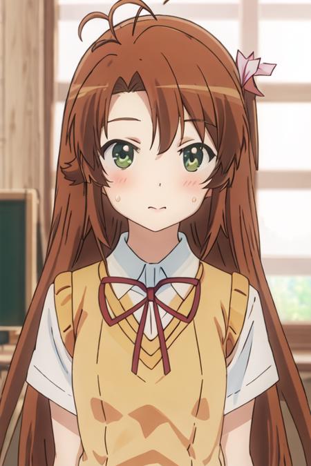 best quality, masterpiece, highres, solo, {koshigaya_komari_nonnonbiyori:1.15}, brown_hair, long_hair, green_eyes, blush, antenna_hair, bangs, 1girl, collared_shirt, neck_ribbon, red_ribbon, ribbon, school_uniform, shirt, sweater_vest, white_shirt, upper_body, indoors, closed_mouth, blurry, blurry_background, depth_of_field