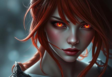 A woman with Red hair and Luminous eyes looks at the camera, Beautiful picture of the character, character portrait, character portrait, 🤤 Charlie Bowater character art, epic portrait illustration, подробныи character portrait, neo-artcore and Charlie Bowater, high quality portrait, fantasy concept art portrait, detailed matte fantasy portrait, charlie bowater art style, Detailed beautiful portrait, fantasy art portrait, dark, chiaroscuro, low-key, oil and watercolor painting