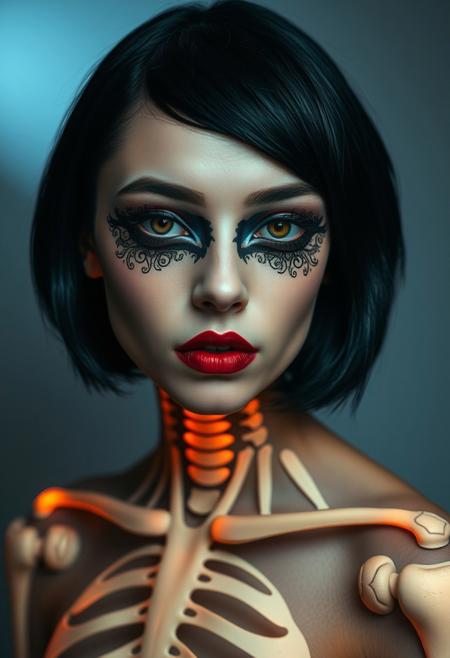 Avant garde, three-quarter view, portrait of an 18-years-old girl, fair skin, dark makeup, dark red lipstick. black bob.
Simmetrical, mask shaped, pattern filigree black paint around her eyes.
Her body is that of a bioluminescent skeleton.
A spotlight illuminates her face