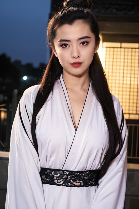 ãã¹ã¿ã¼ãã¼ã PHOTOREALISTIC REALISTIC,masterpiece,best quality,highres,ultra detailed,8k,upper body,1woman,white hanfu dress,(classical long hair),hair ornament,hair bun,looking at viewer,makeup,chinese building,night,dark background,<lora:wangzuxiannsfw80:0.6>