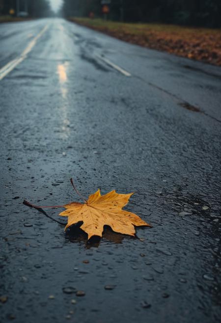 Single autumn leaf resting on a wet road, (ultra depth of field:1.3), (gloomy:1.2) and (melancholic:1.3) atmosphere, reflections in puddles, soft focus background, (overcast sky:1.1), capturing the essence of solitude, inspired by (Gregory Crewdson:1.4) and (Jeff Wall:1.3)