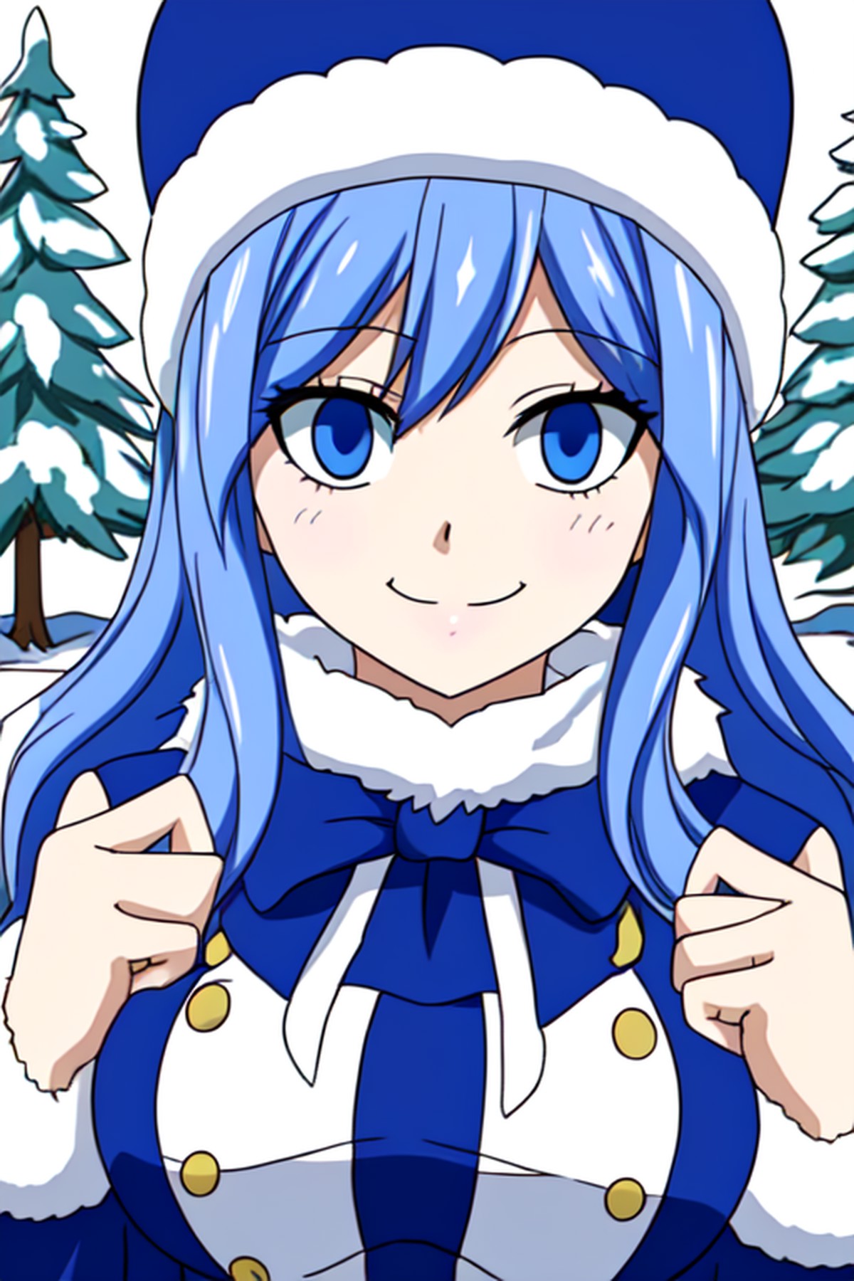 masterpiece, best quality, highly detailed, highres, hdr, 1girl, solo, (Juvia_Lockser)++ in the snow, smile, snow trees, b...