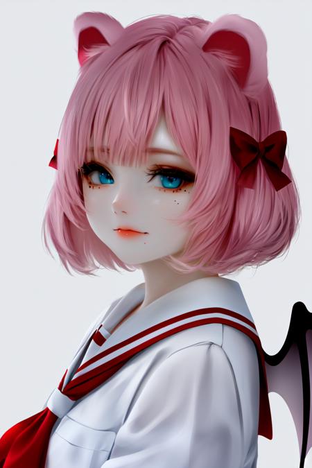 skistyle, 1girl, solo, pink hair, animal ears, blue eyes, wings, looking at viewer, mole, bangs, short hair, bow, sailor collar, simple background, white sailor collar, mole under mouth, hair bow, pink bow, closed mouth, shirt, white shirt, bear ears, bob cut, mini wings, grey background, portrait, detached wings, makeup, upper body, white background