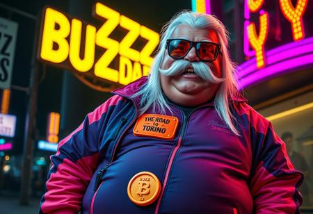 Buzz Daddy is a larger-than-life character, exuding charisma with a signature grin reminiscent of Riccardo Villalobos. His playful, lighthearted aura contrasts with his bulky, chubby physique. He’s decked out in a corporate tracksuit with vibrant psychedelic details, featuring a standout orange piece that reads “The Road to Torino.” His look is completed by a massive yogurt buckle shaped like a buzz coin, long, straight white hair, and a bold handlebar mustache that adds a rugged, custom biker flair. His Ray-Ban Wayfarer goggles reflect the electric glow of digital yellow signs, while he mischievously tosses stacks of Buzz coins around.
Buzz Daddy’s personality is zany, artistic, and captivating—his presence radiates the vibe of a meme king who thrives on humor and unpredictability. In the scene, “Buzz Daddy” is showcased in luminous, cinematic letters, whether displayed on a neon-lit billboard, a glowing mural, or boldly printed across his ultra-realistic jacket. The composition merges digital and artistic styles, creating a playful yet composed visual experience. The atmosphere is surreal and meme-driven, highlighting Buzz Daddy’s larger-than-life persona with influences from aidmafluxpro1.1, aidmaMJ6.1, and aidmahyperrealism, ensuring an unforgettable visual impact.