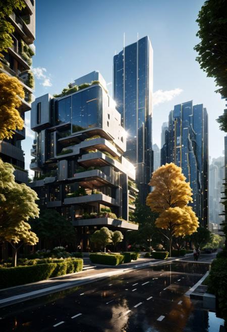 (((Modern style architecture, housing, luxury residence))),
outdoors, sky, tree, blue sky, no humans, ground vehicle, building, scenery, reflection, city, cityscape, bare tree, skyscraper, real world location,
(Large Files, Ultra Realistic, 8K, 16k, FHD, HD, VFX, Perfect, Photography, composition, Architecture Sales Photography, Architecture Competition, Ultra High Resolution, Cinematography, High Resolution Image:1.1), (dramatic lighting, direct sunlight, ray tracing, clear shadow:1.2), (real landscape:1.1), (blurred background:1.0), (urban background, more_details)  
(avant-garde, future, reality, science fiction, photorealistic), (modern architecture:1.2), White limestone with black granite, fountain, waterfall, landmark, square, path, narrow street,
(Large Files, Ultra Realistic, 8K, 16k, FHD, HD, VFX, Perfect, Photography, composition, Architecture Sales Photography, Architecture Competition, Ultra High Resolution, Cinematography, High Resolution Image:1.1), (dramatic lighting, direct sunlight, ray tracing, clear shadow:1.2),  (real landscape:1.1), (blurred background:1.0), (urban background, more_details) ,
great lighting, extremely detailed, clear, SteamPunk, futuresurban