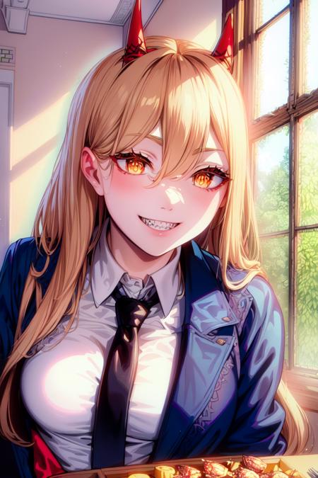 masterpiece, (ultra detailed background, delicate pattern, intricate detail, highly detailed, fine details), best quality, Power, 1girl, horns, solo, teeth, sharp teeth, ((smile, grin)), cross-shaped pupils, long hair, yellow eyes, ((blonde hair, small breasts)), red horns,  jacket, (complex detailed background, inside, kitchen environment, room, table, food, window, sunny, close-up, portrait), (((cross-shaped pupils, symbol-shaped pupils))), white shirt, pants, collared shirt, black necktie, blue jacket, <lora:DetailTweaker:0.5>,  <lora:Power:0.8>,  <lora:GoodHands-vanilla:0.7>