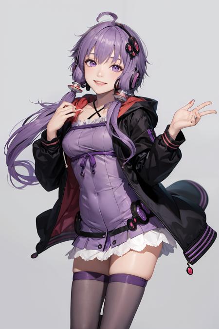 masterpiece, best quality,  <lora:YuzukiYukari-sver:1>, yuzuki yukari,  1girl, purple hair,long hair, short hair with long locks,twintails,hood,hair ornament,headset,purple eyes,jacket, dress,purple thighhighs,grey background, smile,