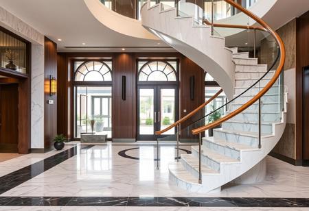 photo of interior lobby that has marble spiral staircase with glass Balustrade and side mounted  wood handrail