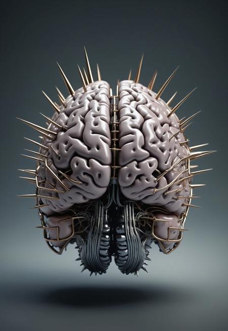 photorealistic natural brain with metallic spikes protruding, hyperdetailed, high contrast, intricate textures, 8K resolution, cinematic color grading, reflective surfaces, fusion of organic and metal, soft natural lighting, realistic shadows, glossy finish, detailed background, surreal atmosphere, metallic sheen, modern art, sharp metal spikes, biomechanical elements, artistic composition, ethereal glow, ominous yet intriguing, high-tech brain, conceptual art, isolated brain,