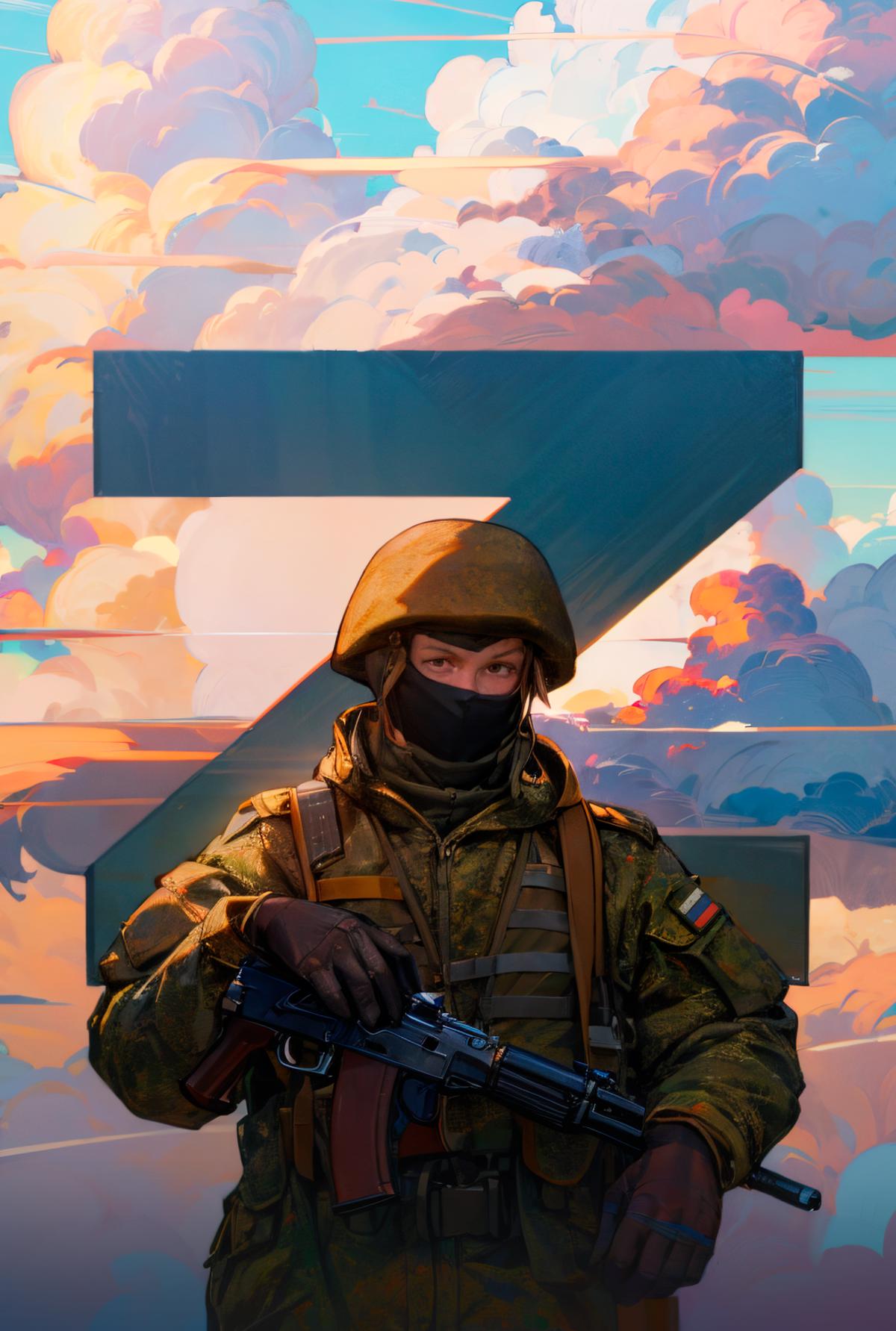 A soldier with a gun is standing in front of the letter Z.