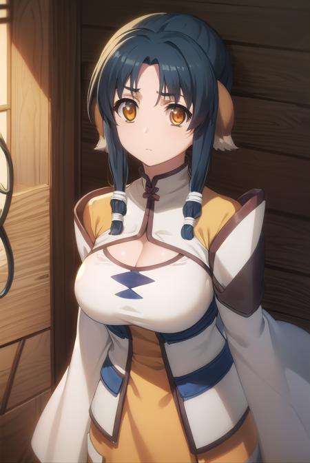 atui, long hair, (brown eyes:1.5), blue hair, hair tubes, (parted bangs:1.5), dog ears, animal ears, cleavage, cleavage cutout, long sleeves, wide sleeves, armor, shoulder armor,