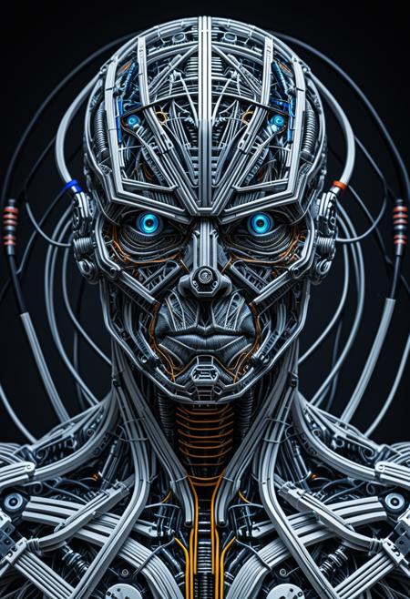 intricately detailed portraiture of a human made of wires, muscle fiber made of cords, hyper-realistic, mechanical eyes, bio-mech background
