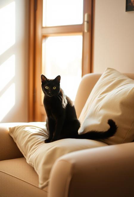 (Soft Lighting Photography by Mimoza Veliu and Mario Giacomelli:1.2), NSFW, one black cat, sitting on an arm chair soft, pillows on the chair, looking at viewer, the sun coming from the window.