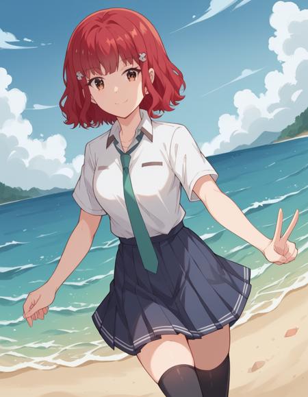 maaya narasaka, short hair, hair ornament, brown eyes, red hair, hair flower, medium breasts, skirt, shirt, thighhighs, school uniform, white shirt, short sleeves, pleated skirt, necktie, black thighhighs, green necktie