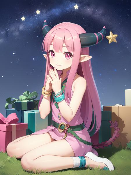 <lora:milleaf:0.9> milleaf, 1girl, solo, pink hair, long hair, horns, tail, pointy ears, pink eyes, smile,   jewelry,  bracelet, own hands together,
Christmas, SantaClaus,  knight, starry sky, sitting,