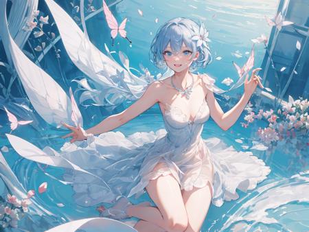 8k Wallpaper,grand,(((masterpiece))), (((best quality))), ((ultra-detailed)), (illustration), ((an extremely delicate and beautiful)),dynamic angle,, 1girl,solo,yanhe, <lora:yanhe:0.96>,water,corrugated,flowers tire,broken glass,(broken screen),atlantis,transparent glass,beautiful detailed dress,Flying red petals,Holy lighting,flower,butterfly,necklace,smile,petal,