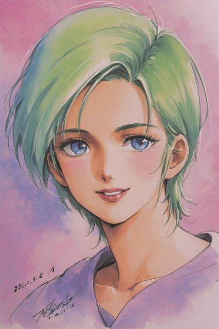 Four Murasame, 1girl, solo, short hair, signature, traditional media, blue eyes, green hair, collarbone, smile, looking at viewer, portrait, purple shirt, lipstick, upper body, dated, watercolor \(medium\),<lora:Hiroyuki Kitazume _XL:0.8>