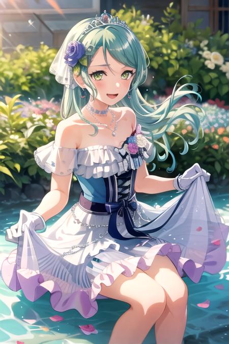 <lora:SayoHikawa-10:0.7>,sayobd, 1girl, solo, long hair, looking at viewer, smile, open mouth, hair ornament, gloves,  dress, bow, ribbon, bare shoulders, jewelry, sitting, green eyes, collarbone, braid, flower, :d, earrings, frills, choker, striped, white gloves, hair flower, necklace, off shoulder, white dress, see-through, sparkle, aqua hair, swept bangs, rose, floral print, tiara, white flower, blue ribbon, red flower, gem, corset, pink flower, blue flower, striped bow, skirt hold, purple flower, off-shoulder dress, cross-laced clothes, blue rose, pink rose, striped ribbon, pearl necklace, purple rose, flower earrings, pearl (gemstone), green flower