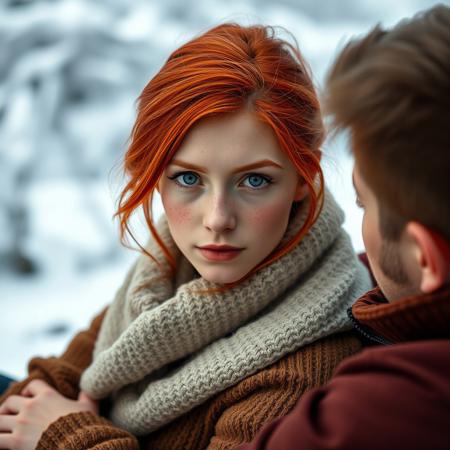 a powerful portrait of a young woman with bright red hair, freckled cheeks, and piercing gaze. She sits comfortably on a man's lap, set against the serene backdrop of snow-covered landscape. The man's presence is subtle, with his arm wrapped gently around her waist or holding her close. Emphasize her eyes as the focal point, conveying a sense of quiet contemplation, introspection, or deep emotional intensity. Capture a moment of vulnerability, serenity, or inner peace, where she feels safe and connected to this person. The overall mood should be one of warmth, comfort, and mutual connection."