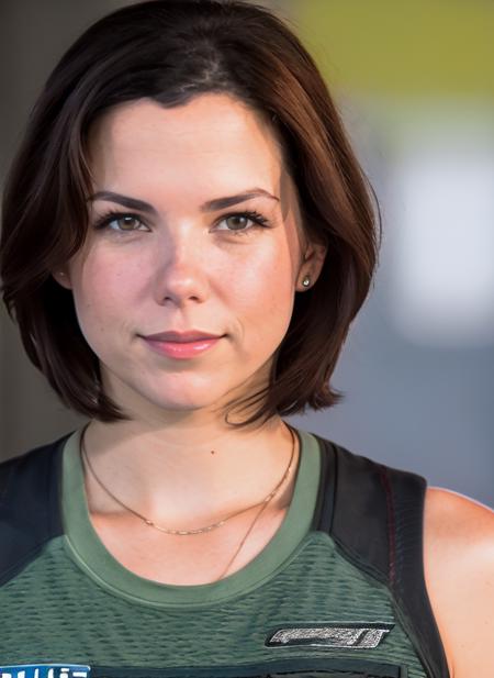 photo of brunette (LorelaiGilmore:0.99) wearing a black tank top and cargo pants,  detailed face, realistic skin, high quality, blue eyes