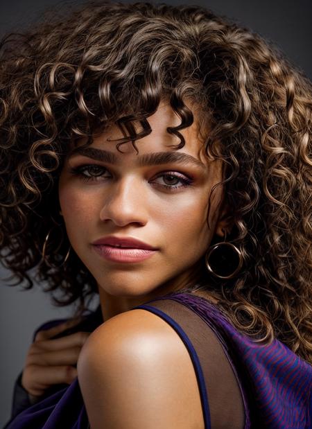 portrait of skswoman, :p , wearing top , with dark brown Curly hair epic (photo, studio lighting, hard light, sony a7, 50 mm, matte skin, pores, colors, hyperdetailed, hyperrealistic), <lyco:Zendaya:1.2>