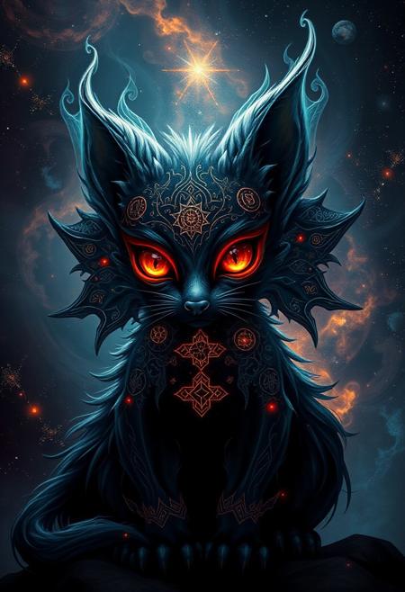 dark cosmic entity, mythological creature, stereotypically cute animal, ethereal and ominous, glowing eyes filled with cosmic energy, swirling galaxies in the background, deep space colors, glowing nebulae, starlight reflecting off fur, intricate cosmic symbols on body, dark surrealism, cosmic horror, awe-inspiring presence, dark atmosphere, celestial headdress of constellations, shadowy textures, cosmic storms swirling around, void-like energy emanating from creature, celestial bodies orbiting, broken mold of innocence, twisted cosmic energy, dark flowing fur like the night sky, mythological symbolism, ominous power, divine and terrifying, (cosmic energy:1.4), high resolution, ((masterpiece)), grim transformation, god-like presence, cosmic rifts in the background, black hole swirling within