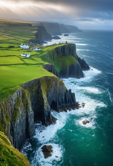 Dramatic aerial view of the rugged Irish coastline where emerald-green cliffs plunge dramatically into the churning Atlantic Ocean. Early morning mist lingers in the valleys, partially obscuring ancient castle ruins perched precariously on cliff edges. Golden sunlight breaks through rain clouds, casting dappled light across windswept grassy headlands dotted with wildflowers. Sheep graze peacefully on verdant slopes while white-capped waves crash against weathered sea stacks. Stone walls crisscross the landscape, dividing the terrain into a patchwork of fields that fade into the distance. The scene captures the raw, untamed beauty of Ireland's western seaboard with extraordinary 8K photorealistic detail, atmospheric perspective, and stunning depth of field.