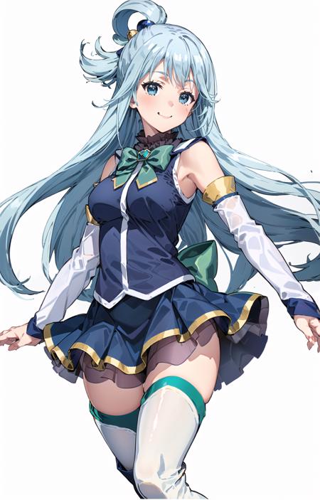 (masterpiece, top quality, best quality, official art, beautiful and aesthetic, picture-perfect:1.4), 1girl, solo, Aqua, (looking at viewer, cowboy shot:1), (blue hair, blue colored hair, long hair, hair ring, hair ornament:1.2), (blue eyes, shining blue eyes:1.3), [smile, closed mouth:1.2], [medium breasts, sexy:1], (Aqua Attire, blue skirt, miniskirt, thigh boots, thighhighs under boots, high heel boots, blue boots, white thighhighs, detached sleeves, green bowtie:1.4), (simple background:1.4), <lora:more_details:.4>, <lora:AquaLora:.7>