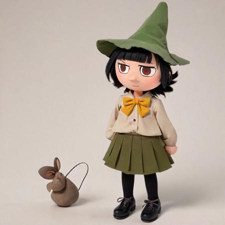 crossover, brown eyes, wading, butterfly, looking at viewer, shirt, rock, bow, nature, rabbit girl, simple background, looking up Snufkin, uniform, black hair, black footwear <lora:Moomin-000004:1>