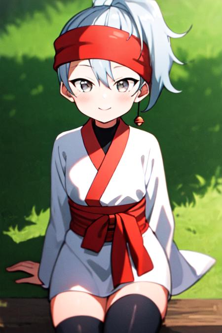 masterpiece, best quality, <lora:kunoichi_uikyou:0.7> 1girl, solo, grey eyes, grey hair, ponytail, red headband, single jingle bell, white kimono, one long sleeve, wide sleeve, black legwear, looking at viewer, cowboy shot, light smile, short hair, sitting,