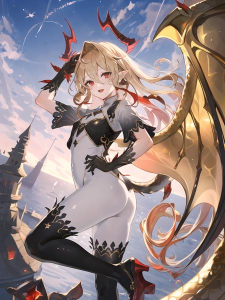 masterpiece,best quality,highres,cinematic lighting,dramatic angle,1boy,<lora:ShadowverseLumioreV6:0.8:lbw=jiangshi3>,blonde hair,slit pupils, red eyes,horns,looking at viewer,white bodysuit,short sleeves,gloves,scales,spikes,black vest,asymmetrical legwear, black thighhighs,high heels,(gemstone heel,red gemstone heel:1.02),:d,(tail:1.2),jewelry,wings,(single wing:1.3),claws,straight-on,floating,adjusting hair,hand on own hip,in the sky,dusk,clouds,fat ass