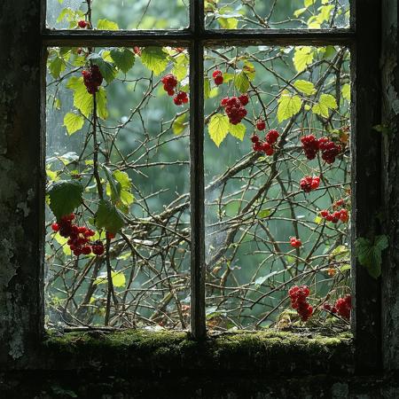Low-angle intimate view through dust-streaked antique window: gnarled branch shadows dance across dew-kissed velvety moss and tangled crimson raspberry canes. Focus: intricate shadow-play. Cinematic natural lighting by Emmanuel Lubezki, shallow depth of field. 
Palette: desaturated greens, umber, deep crimson, illuminated by soft silver overcast light.
Key textures: weathered wood grain, damp moss, translucent leaves. Atmosphere of serene solitude, quiet introspection.