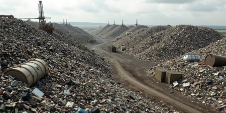 an abandoned garabage dump, large piles of trash and refuse can be seen extending as far as the eye can see, the scene is a photo realistic, large pieces of industrial machinery and shipping containers and industrial liquid storage vats can be seen amongst the mounds. The style is post apocalyptic