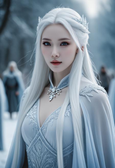 cinematic film still Tilt-shift photo of  <lora:Abstract Concept-Chaos:0.1>, . , .Selective focus, highly detailed, vibrant, perspective control,, <lora:Waifu Style-Du Qiong-000008:0.25>,Du Qiong,, fantasy artwork concept,ice queen,beautiful ancient frost queen,ghostblade,long straight pure-white hair,very pale silvery-gray eyes,extremely pale porcelain-like skin,slender and graceful,tall and statuesque,flowing high-collared dresses and cloaks in shades of white,gray,and silver,by WLOP,by Bayard Wu, . shallow depth of field, vignette, highly detailed, high budget, bokeh, cinemascope, moody, epic, gorgeous, film grain, grainy