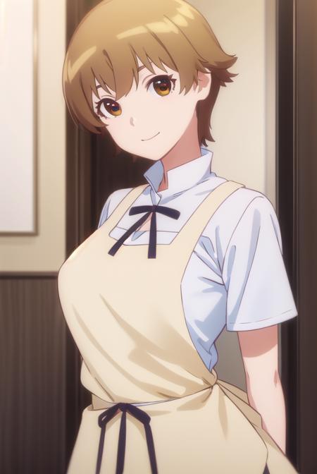hana miyakoshi, short hair, brown hair, (brown eyes:1.3), apron, waitress,