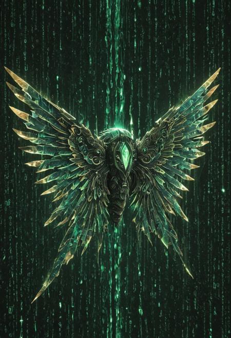 (masterpiece), (best quality), extremely detailed,  metal skin, codeandigital, c0dean0igital, cyberw0rlds style, battle-scarred metal warrior, mechanical wings, steam vents, green-blue oxidation, cinematic lighting, dramatic backlight, glowing embers, heroic pose, cyber-fantasy world, floating debris, intricate armor engravings, matrix world, futuristic shot inside a simulation, retro-digital aesthetic, analog glitch overlays, CRT flicker, chromatic aberration, soft pixel bloom, haze and datastream blur