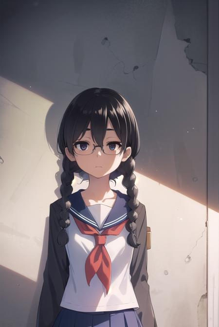 sakiyoshida, <lyco:sakiyoshida-lyco-nochekaiser:1>,
saki yoshida, long hair, braid, (twin braids:1.5), (glasses:1.2), hair between eyes, (black eyes:1.5), black hair, (hair over shoulder:1.5),
BREAK skirt, pleated skirt, serafuku, shirt, blue shirt, long sleeves, long skirt, blue skirt, blue sailor collar, sailor collar, neckerchief, red neckerchief,
BREAK outdoors, school, people, sky,
BREAK looking up, (cowboy shot:1.5),
BREAK <lyco:GoodHands-beta2:1>, (masterpiece:1.2), best quality, high resolution, unity 8k wallpaper, (illustration:0.8), (beautiful detailed eyes:1.6), extremely detailed face, perfect lighting, extremely detailed CG, (perfect hands, perfect anatomy),