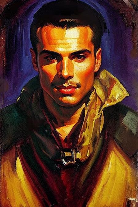 sd-pulp of a bust portrait of a handsome henchman against a blank background, spicy adventure, cover art, illustration, solo