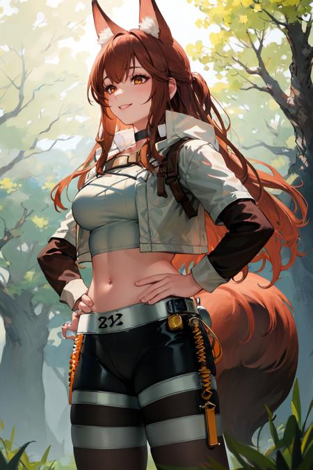 FrankaArknights, long hair, fox tail FrankaBase, long hair, fox tail, collared shirt, grey shirt, id card, black gloves, black skirt, black thighhighs, uneven legwear FrankaRainforest, long hair, fox tail, black choker, crop top, white jacket, cropped jacket, midriff, black shorts, black pantyhose