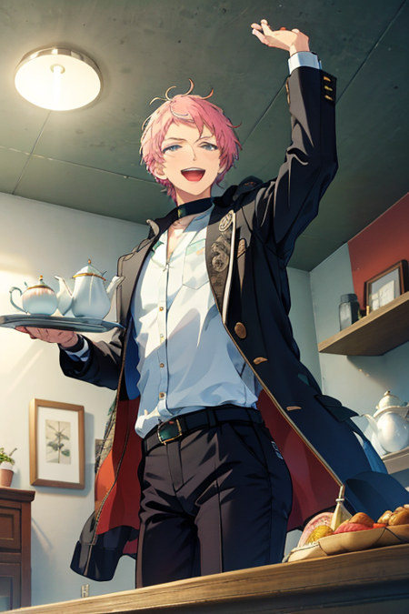 <lora:ShuItsuki-08:0.8> ,masterpiece, best quality, highres, shu itsuki, solo, looking at viewer, smile, open mouth, blue eyes, 1boy, holding, pink hair, male focus, food, pants, indoors, cup, coat, plant, plate, tray, teacup, teapot, tea, saucer, ceiling