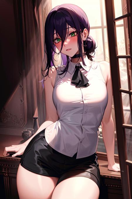 masterpiece, ((ultra detailed background, delicate pattern, intricate detail)), (highly detailed, fine details), best quality, beautiful lighting, ((medium breasts, slim girl)), Reze, 1girl, solo, green eyes, choker, hair between eyes, multicolor hair, purple hair, black hair, hair bun, short hair, ((white shirt, collared shirt, sleeveless, ribbon, black shorts)), blush,  complex detailed background, inside, castle room environment, medieval castle, gray walls, window, bookshelf, (cowboy shot),  <lora:Reze:0.75>