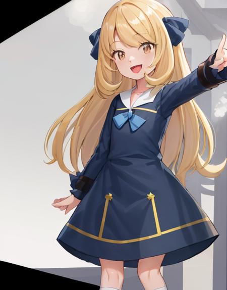 <lora:CythiaYoung-08:0.7> CythiaYoung, upper body, 1girl, smile, open mouth, bangs, simple background, long sleeves, white background, dress, bow, standing, :d, tongue, socks, hand on hip, eyelashes, black ribbon, neck ribbon, blue dress, blue bow, happy, outstretched arm, blue ribbon,