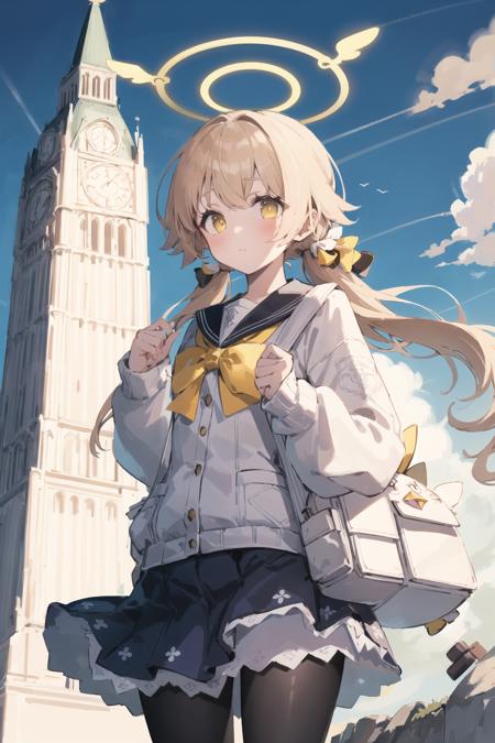 ((masterpiece,best quality)),
(illustration),
1girl, solo, hifumi (blue archive), pantyhose, bag, twintails, skirt, halo, black pantyhose, long hair, school uniform, sky, looking at viewer, cloud, yellow eyes, low twintails, outdoors, backpack, clock, sailor collar, pleated skirt, blue skirt, white cardigan, bangs, long sleeves, blonde hair, blush, frilled skirt, blue sky, day, cardigan, light brown hair, holding strap, clock tower, tower, white bag, ribbon, bow, cloudy sky, frills
 <lora:ajitaniHifumi:1>