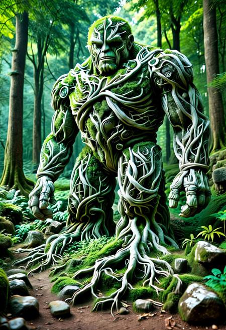 score_9,score_8_up,score_7_up, PG-TR, This is a vibrant, fantasy illustration of a large, golem-like figure that appears to be made of stones and rocks, partly overgrown with lush green foliage. The figure stands in a forested environment, with trees and plants surrounding it, and in the background, ruins or other stone structures are visible. The sky above is clear blue with some white clouds, indicating a sunny day.
The colossus itself is impressively large, with a broad posture and thick, robust limbs. Its body is a mix of gray and brown stones, some smoother than others, with cracks and moss growth emphasizing its age and natural integration. The most striking feature is the dense layer of bright green leaves covering large parts of its torso, shoulders, and upper legs, as if it has become part of the forest itself.
The colossus's face is somewhat human-like, with a stylized, flat nose and indentations suggesting eyes, all formed from stone. The overall atmosphere of the image is one of wonder and mystery, fitting for a fantasy world. <lora:Treeroots_0_90_multi2_Handprocessed_V2:1>
